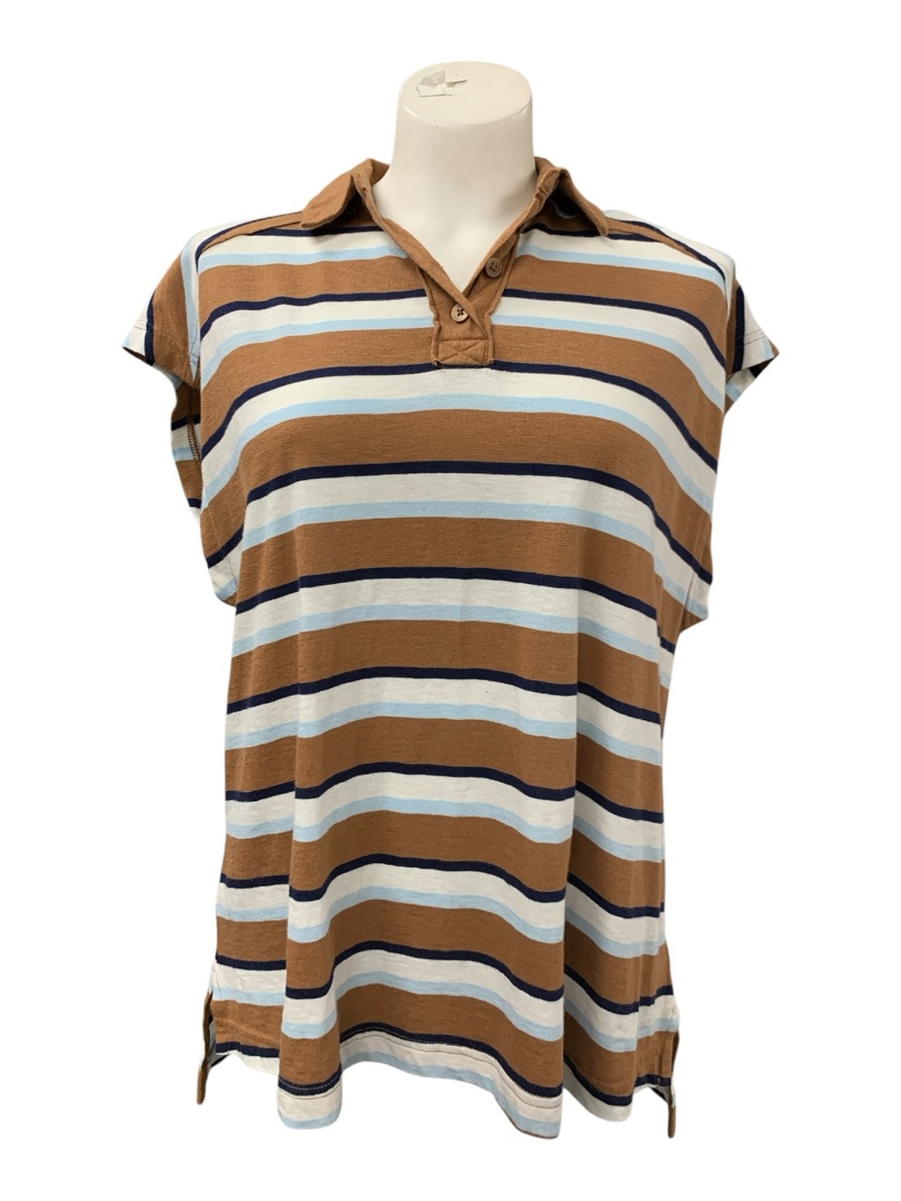 aerie Striped Button-Down Polo Top - Brown, Light Blue & Navy